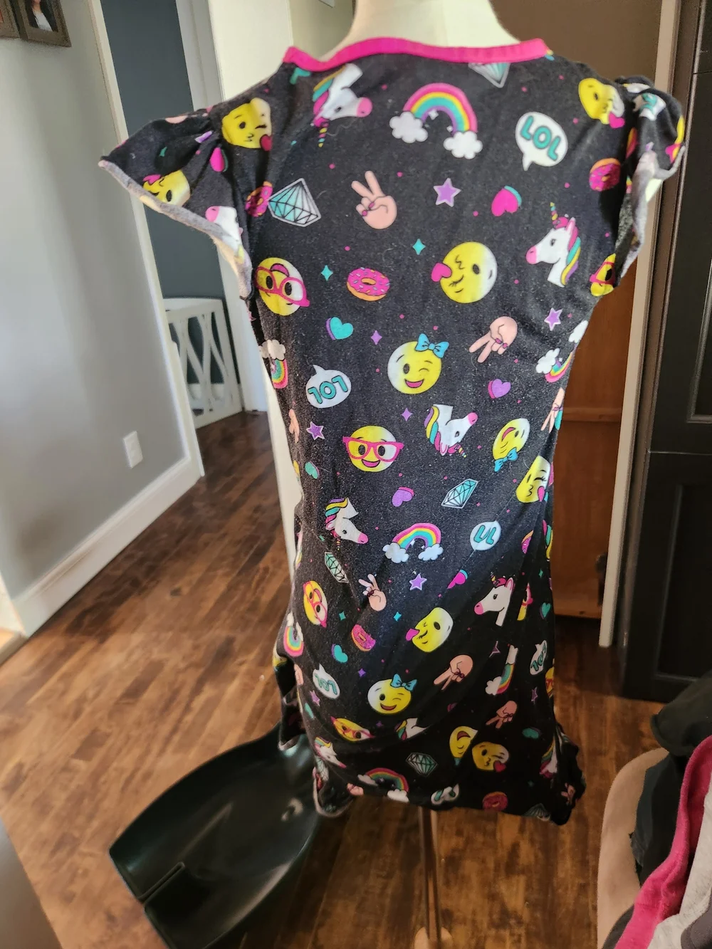 Girls Black Emoji & Unicorn Nightgown with Pink Trim